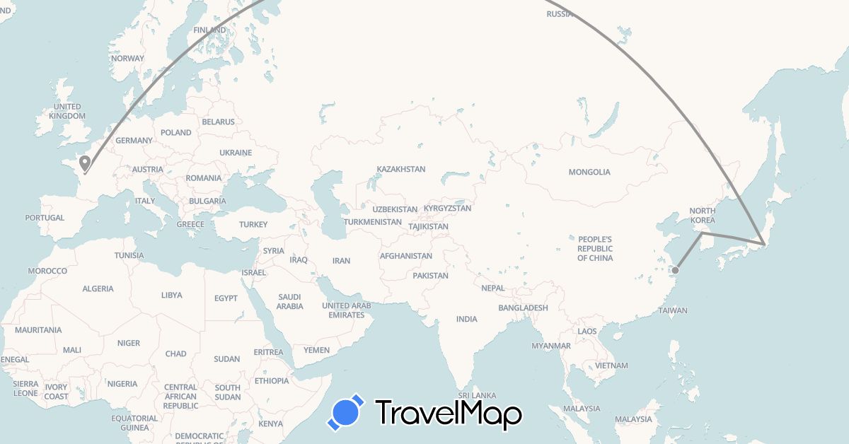 TravelMap itinerary: driving, plane in China, Japan, South Korea, Vietnam (Asia)